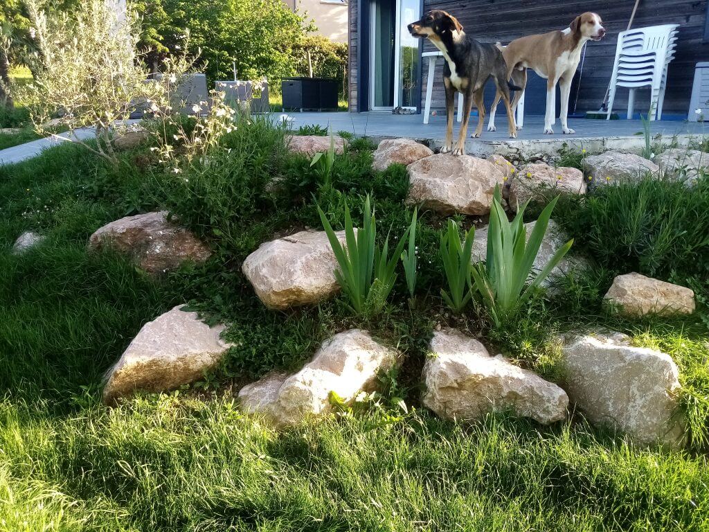 Enrochement avec des plantes à coté d'une terrasse